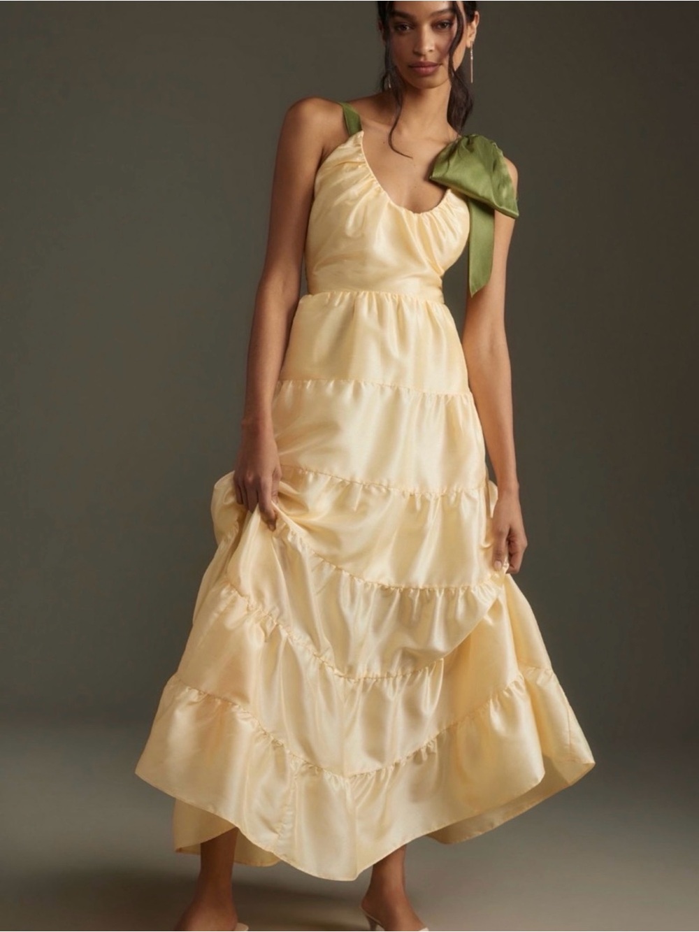 Anthropologie Hutch Tiered Scoop Neck Maxi Dress in Yellow and Green
